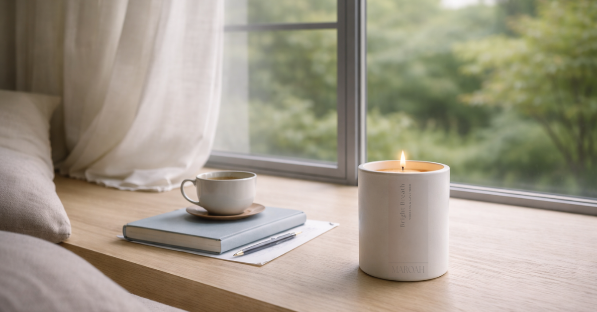 Maroah Candle and cup on a windowsill with a view of greenery