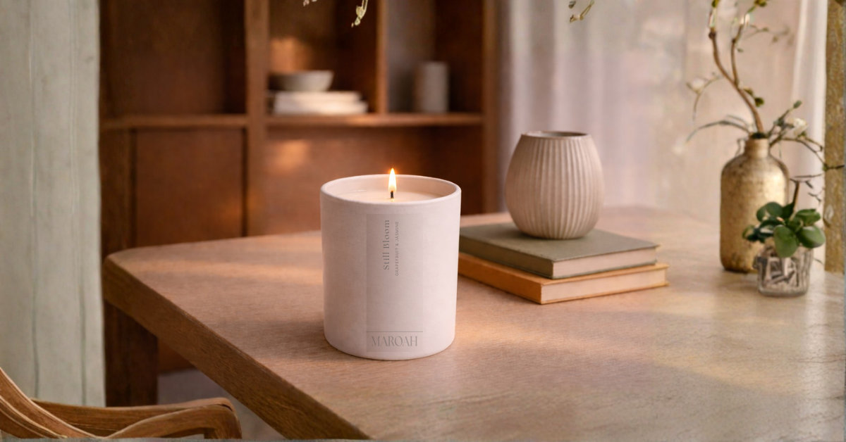 Maroah Candle in a white ceramic holder on a wooden table with a blurred background 