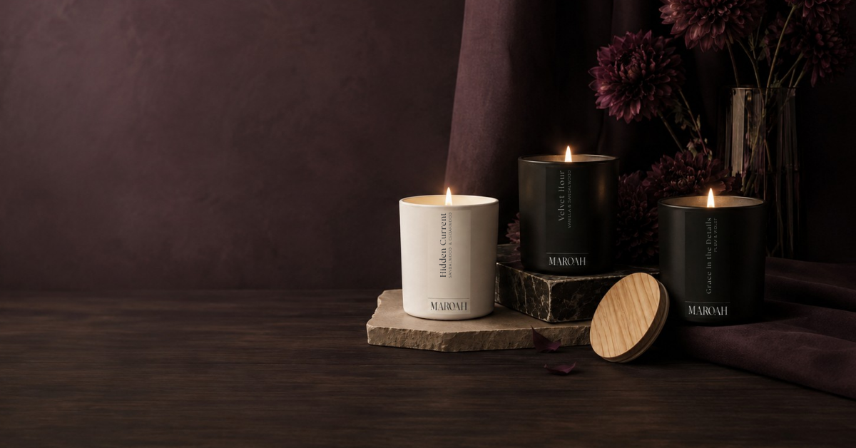 Three MAROAH fall-scented candles, Hidden Current, Velvet Hour and Grace in the Details, styled with dark florals and a wooden lid.