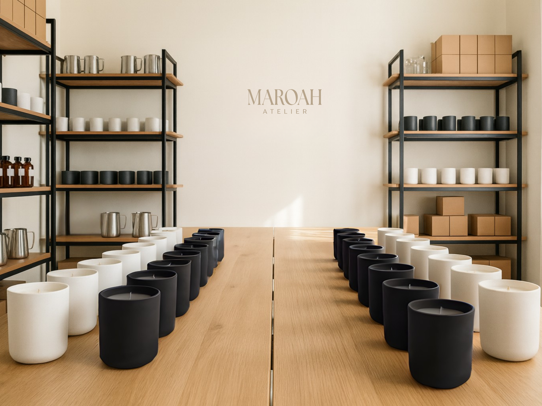 Display of black and white ceramic pots on a wooden floor with shelves in the background, featuring the brand 'Maroah'.